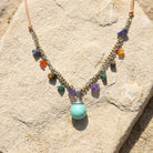 Leather Cord Multi Stone Turquoise Pendant Necklace resting on a beige stone surface. 