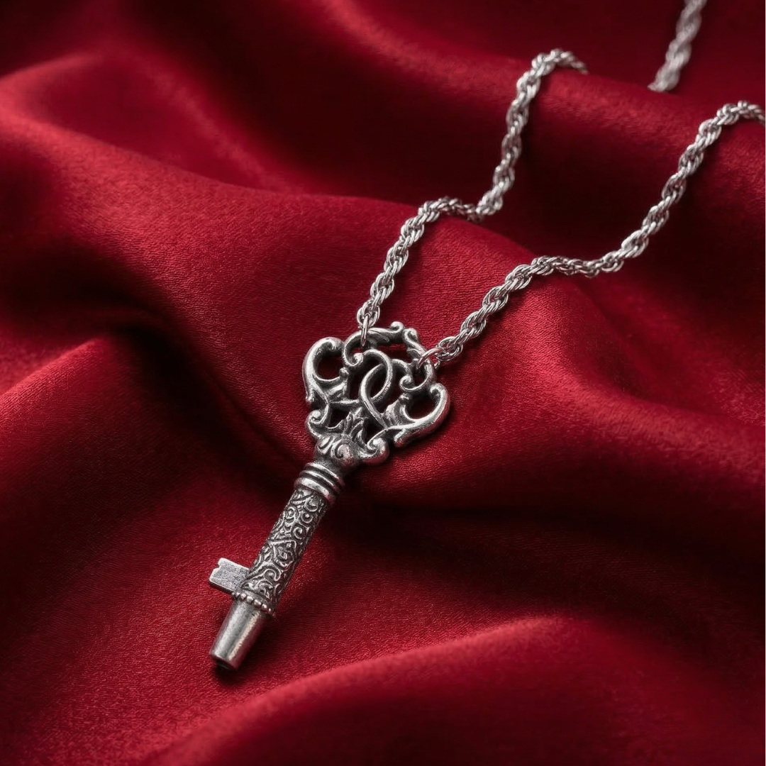 Silver key-shaped whistle pendant on a chain against a red fabric background