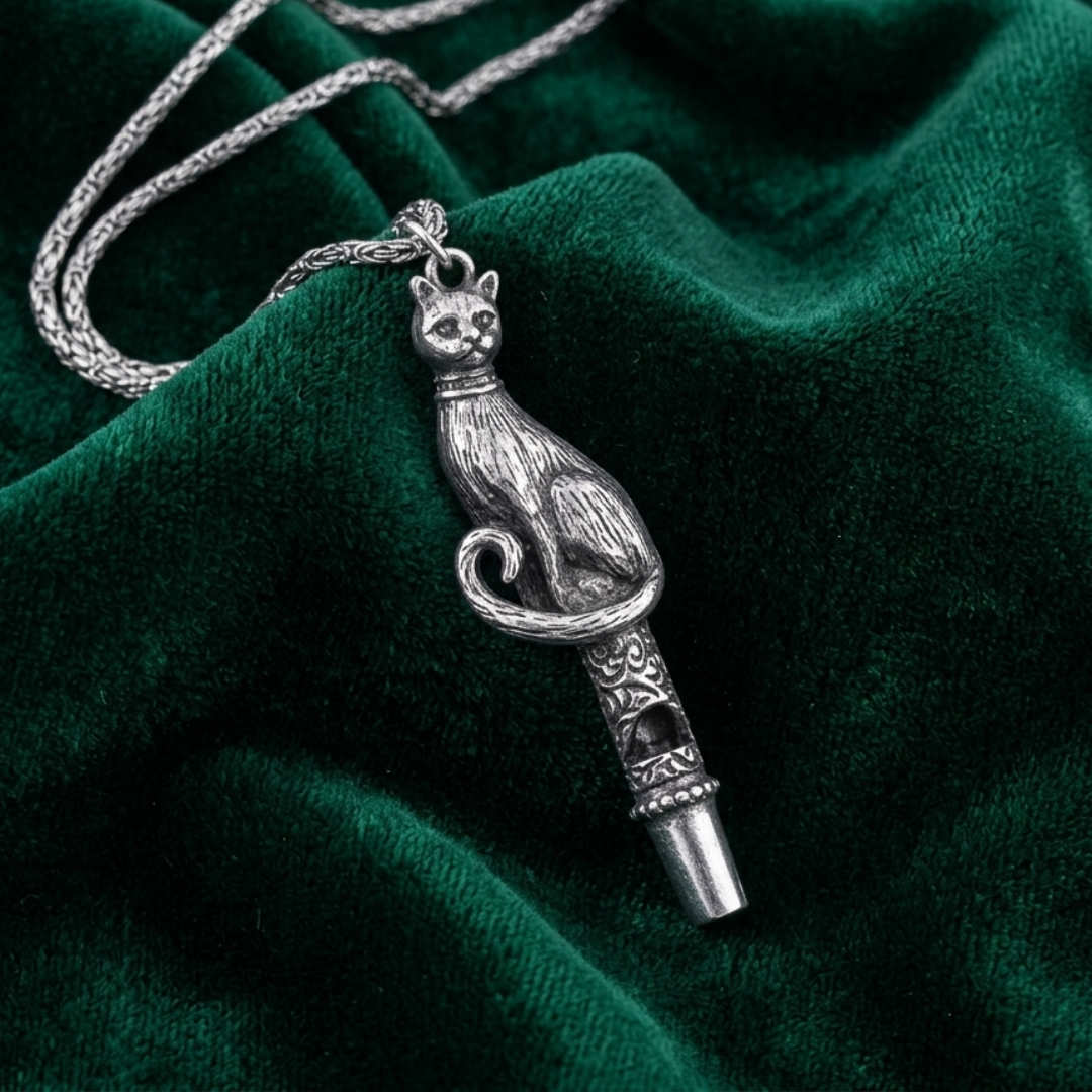 Silver cat-shaped whistle pendant on a chain against a green velvet background
