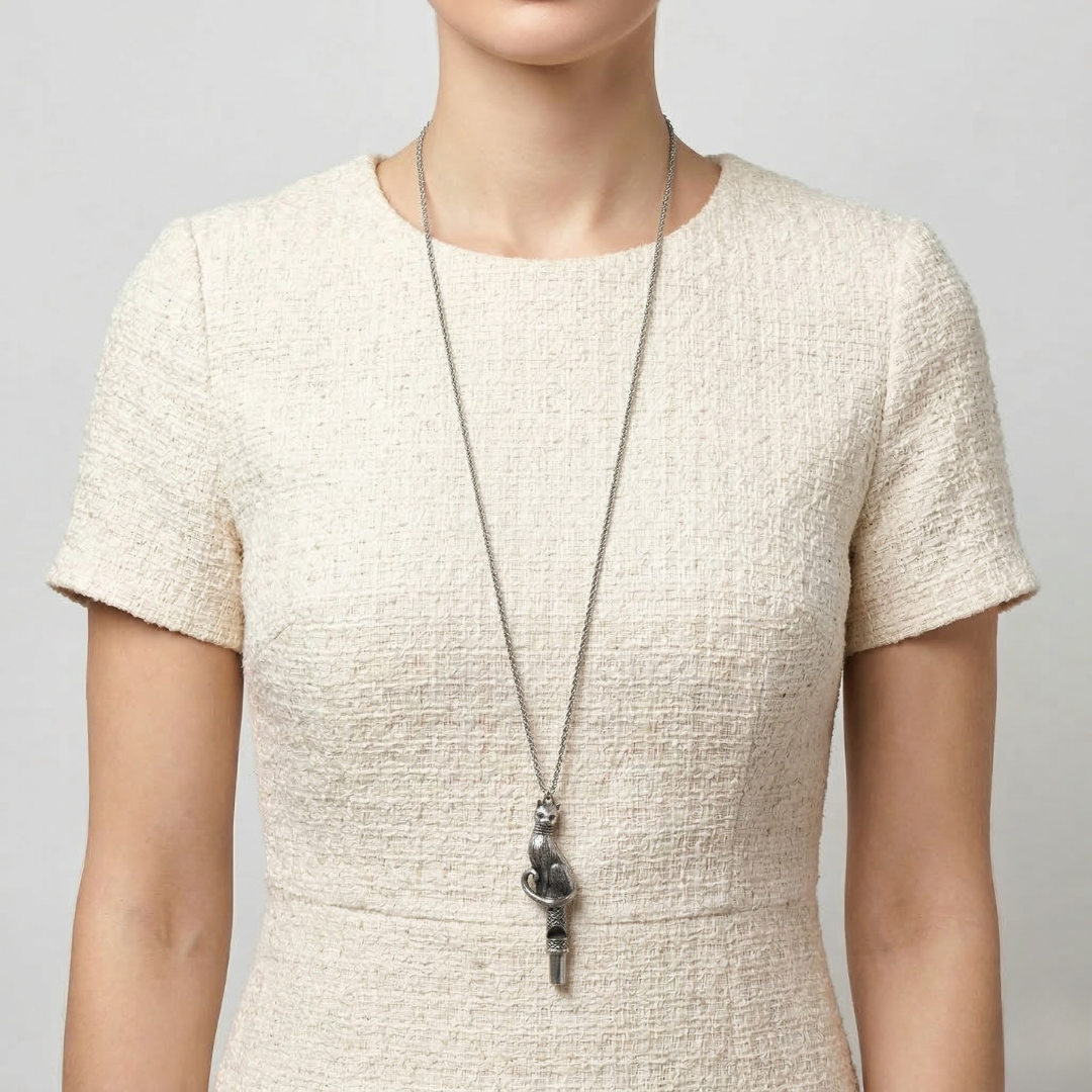 Person wearing a textured beige dress with a long silver necklace featuring a cat whistle pendant.