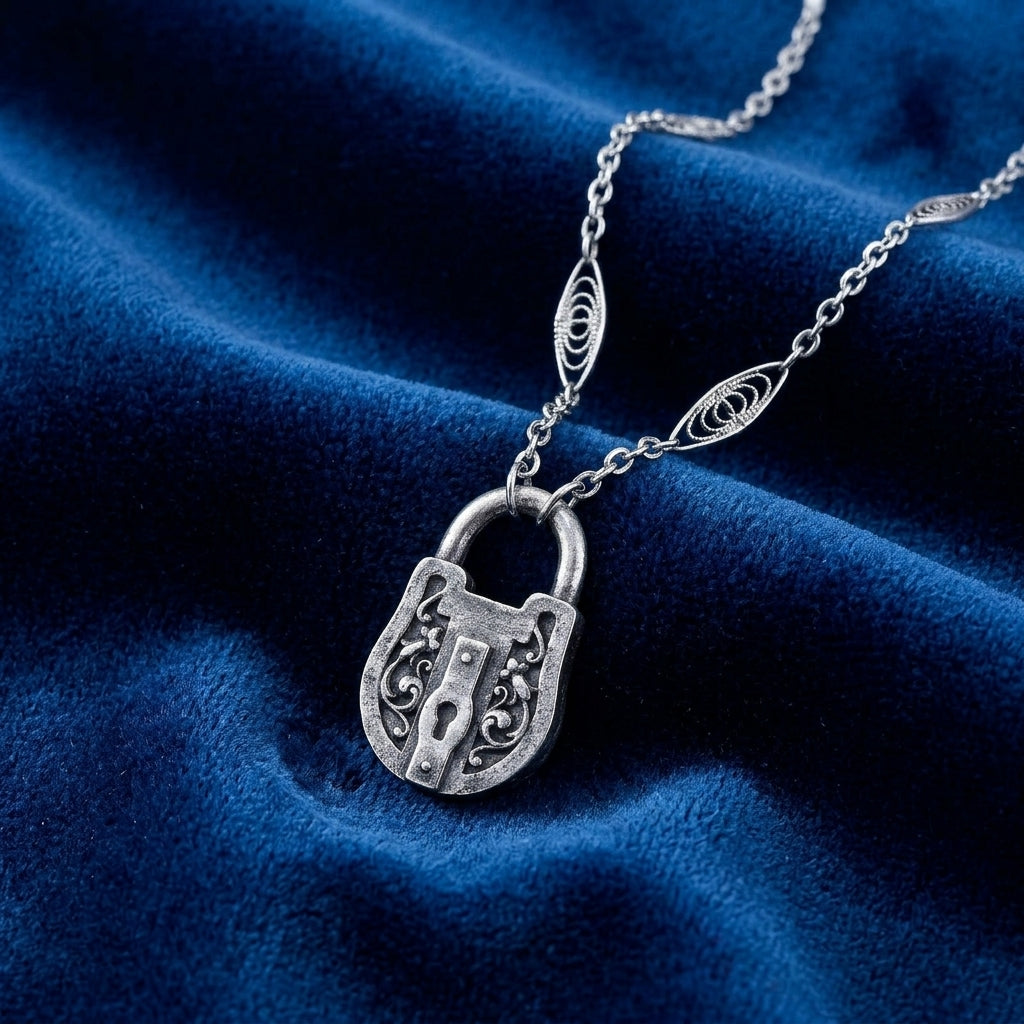 Antiqued Pewter Lock Pendant Necklace against a blue fabric background