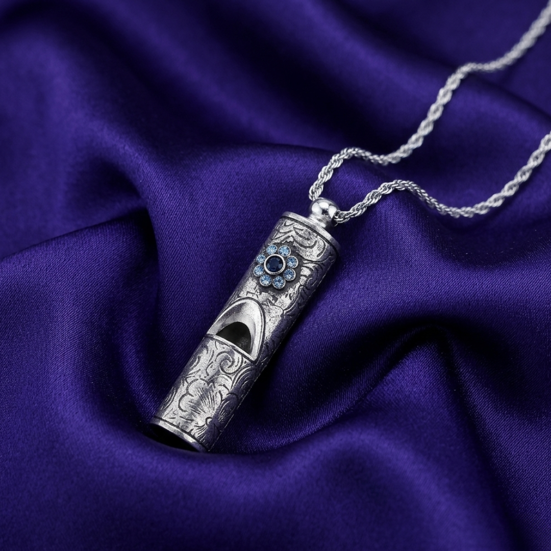 Silver necklace with a decorative whistle pendant and blue glass crystal accents on a purple fabric background