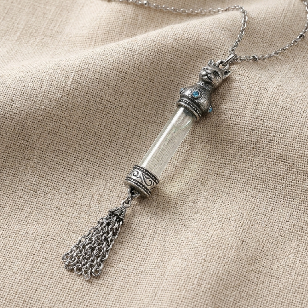 Antiqued Cat Light Blue Crystal Vial Glass Tassel Necklace resting on beige fabric