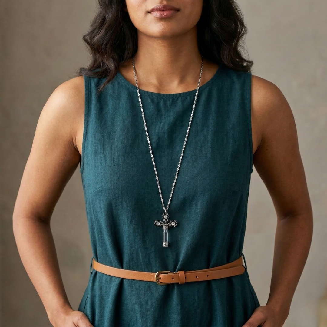 Woman wearing a teal midi dress with a brown belt and a glass cross vial pendant necklace with on a neutral background