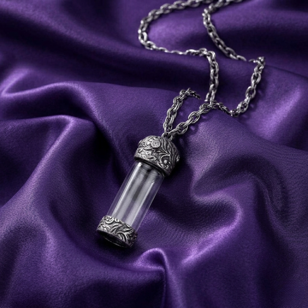 Silver necklace with a cylindrical glass vial pendant on purple fabric
