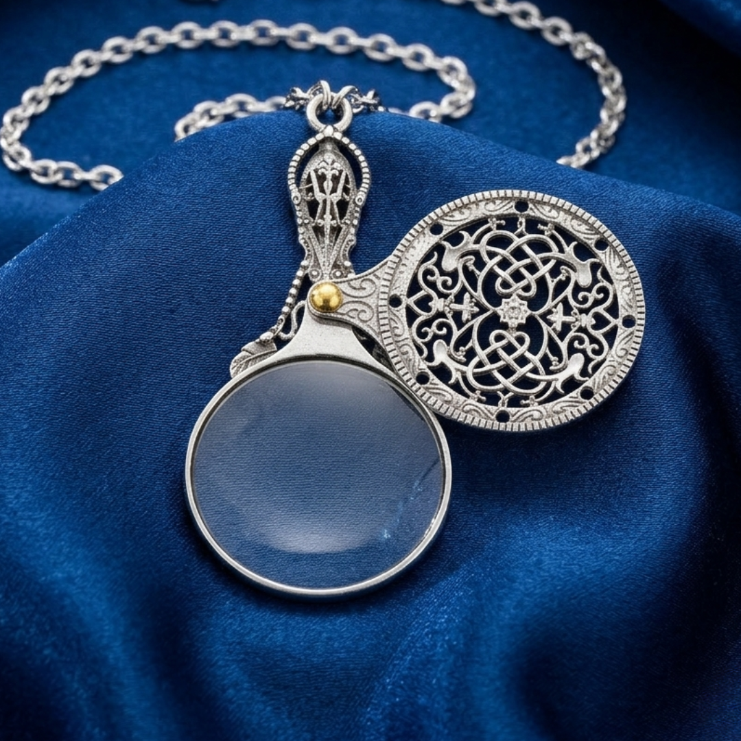Silver magnifying glass pendant with intricate design on a blue fabric background