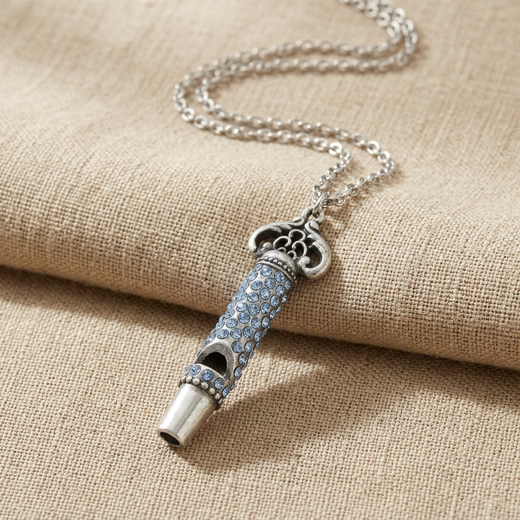 Pewter Crystal Light Blue Pave Decorated Whistle Necklace on a beige fabric background