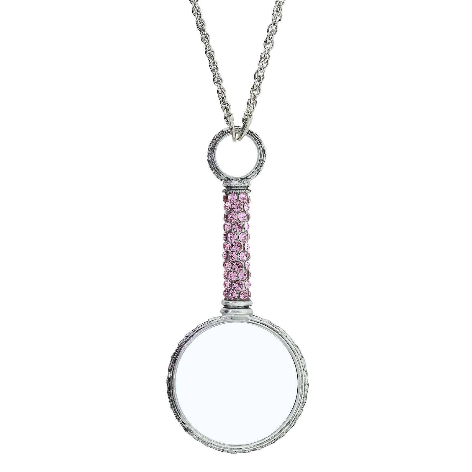1928 Jewelry Pewter Crystal Magnifying Glass Necklace 30"- Magnification Power: 2-3X