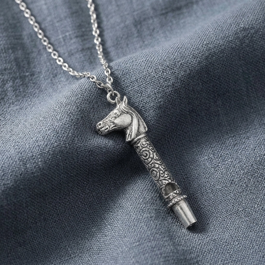 Silver tone Horse Head Whistle Necklace  against a gray fabric background