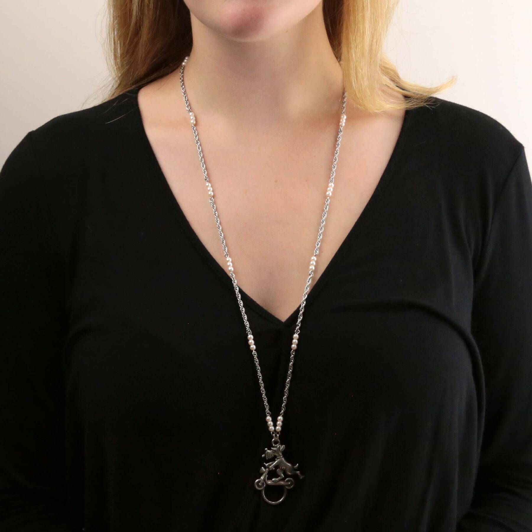 1928 Jewelry Dog On Scooter With Faux Pearl Badge & Eyeglass Holder Chain Necklace 30"