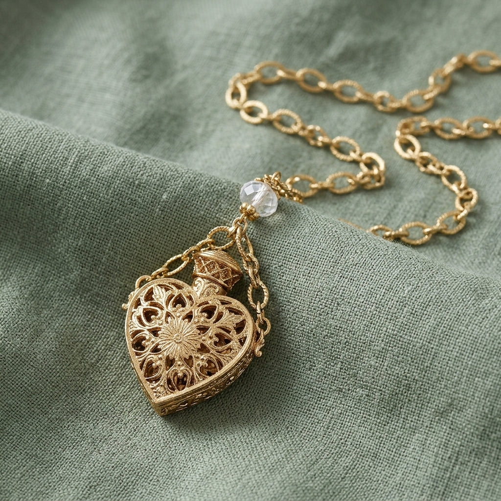 Gold heart-shaped locket necklace on a green fabric background