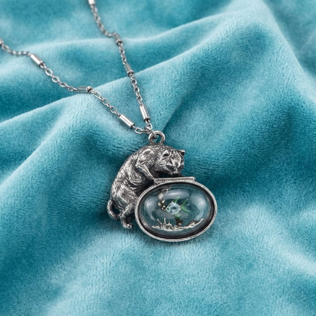 Whimsical Cat & Blue and Green Fish Pendant Necklace on a turquoise fabric background