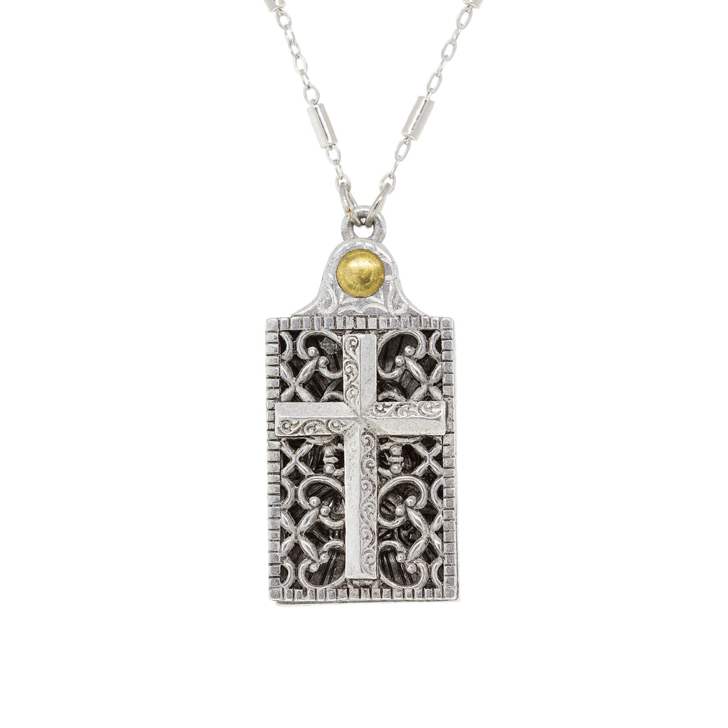 Pewter Rectangular Cross and Angel Slide Locket Necklace 28"