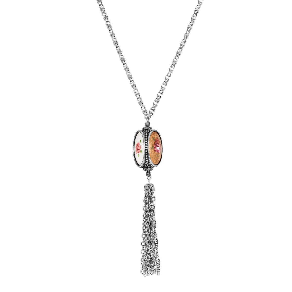 3 Sided Oval Multi-Colored Flower Decal Spinner Pendant Tassel Necklace 30"