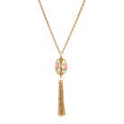 Gold Tone 3 Sided Oval Foral Rose Decal Spinner Pendant Tassel Necklace 30"