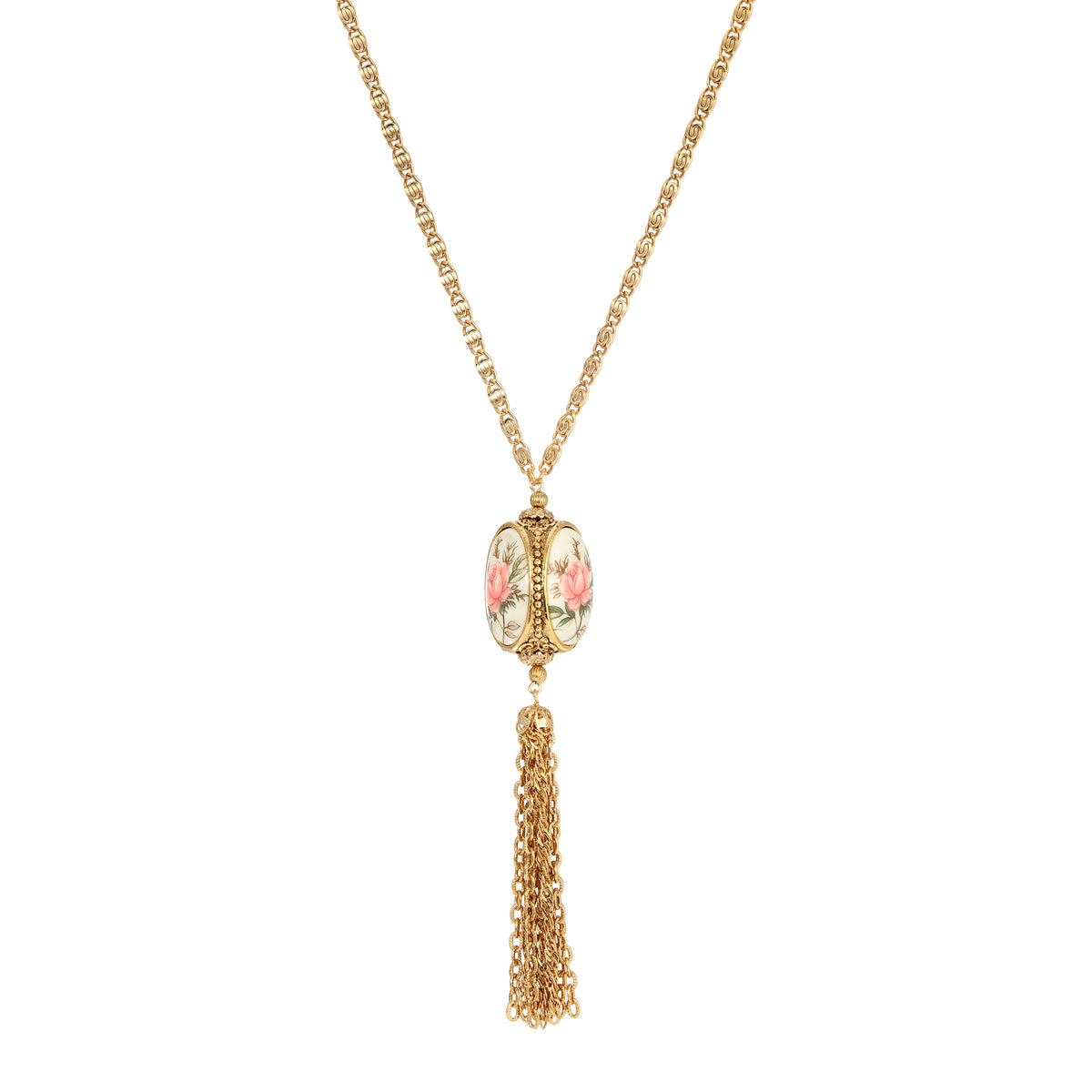 Gold Tone 3 Sided Oval Foral Rose Decal Spinner Pendant Tassel Necklace 30"