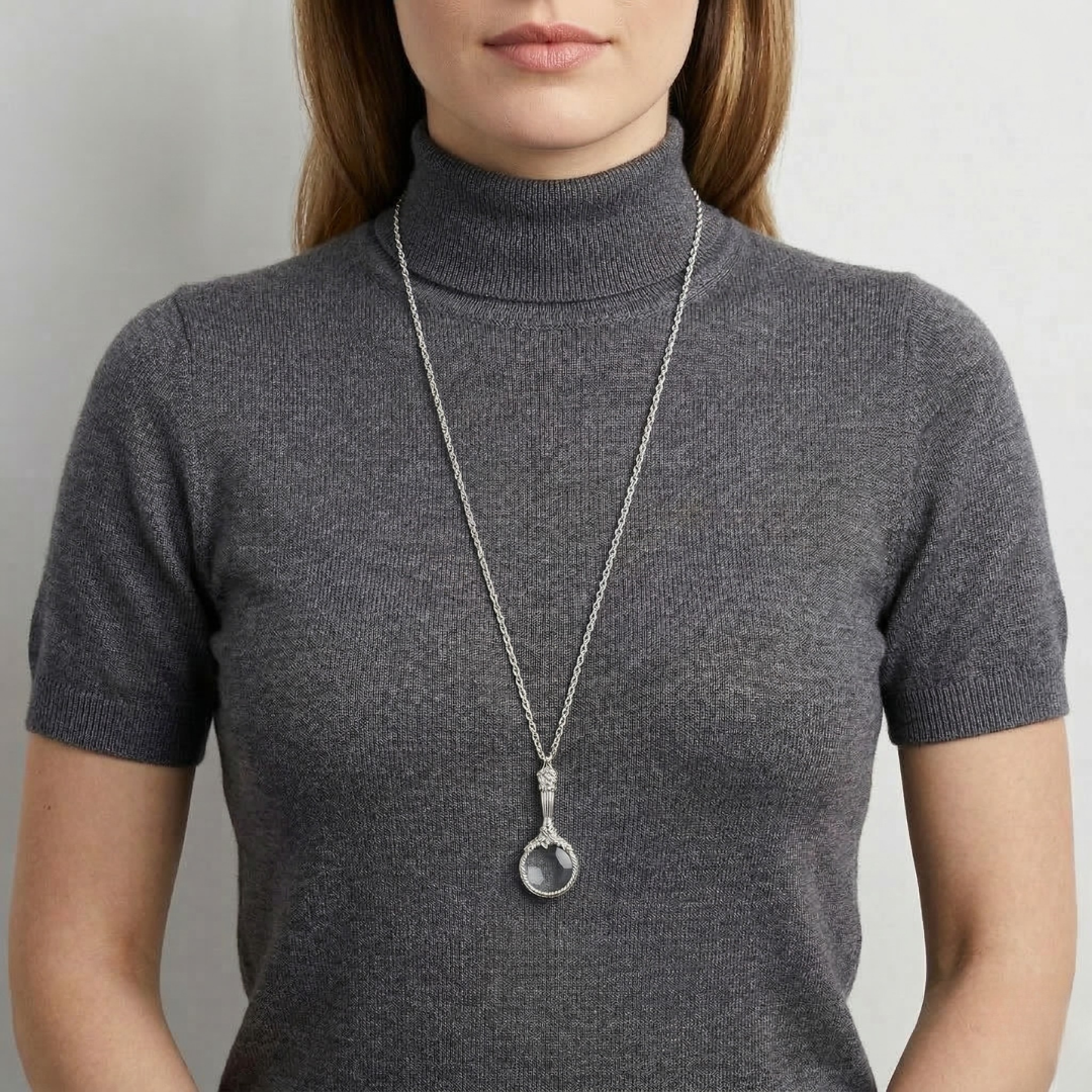 Person wearing a silver necklace with a magnifying glass pendant on a plain background