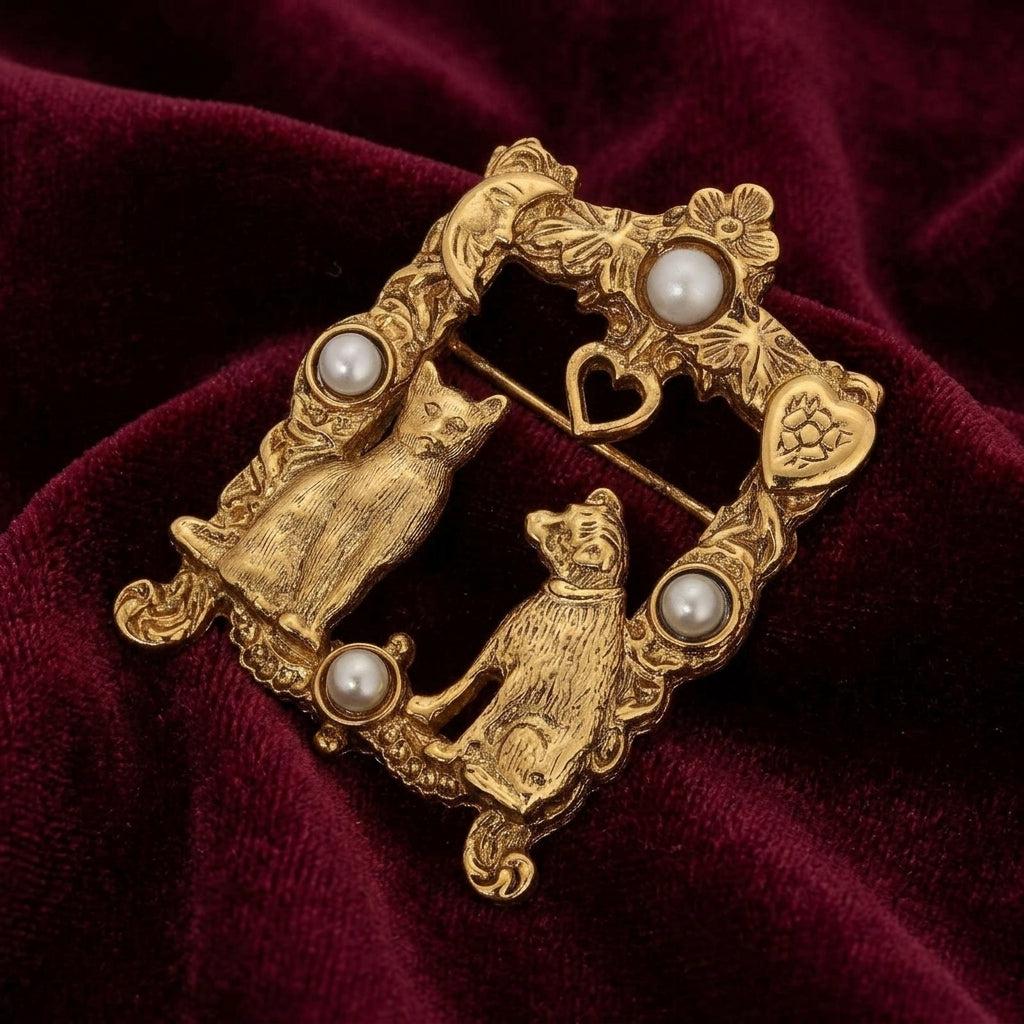 Gold brooch with two cats and faux pearl accents on a red velvet background