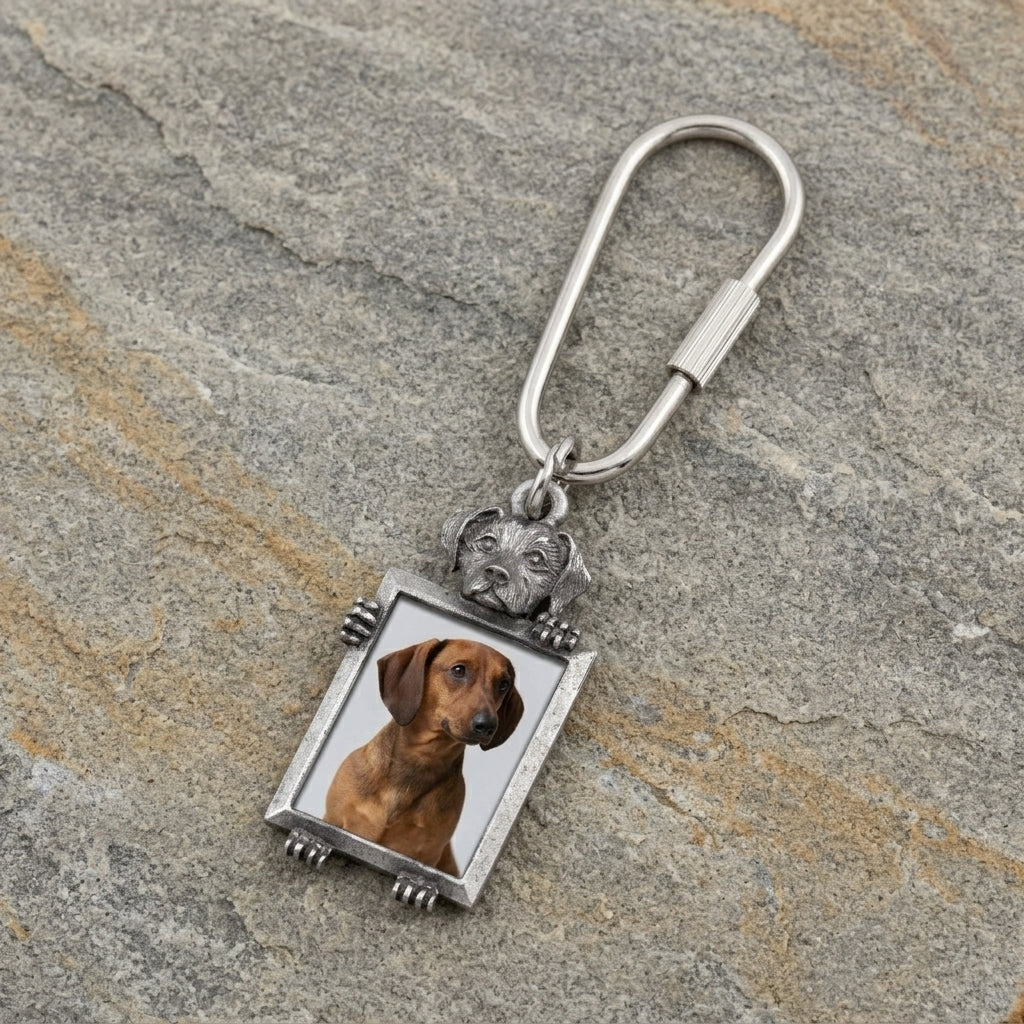 Keychain with a dog's photo on a stone surface