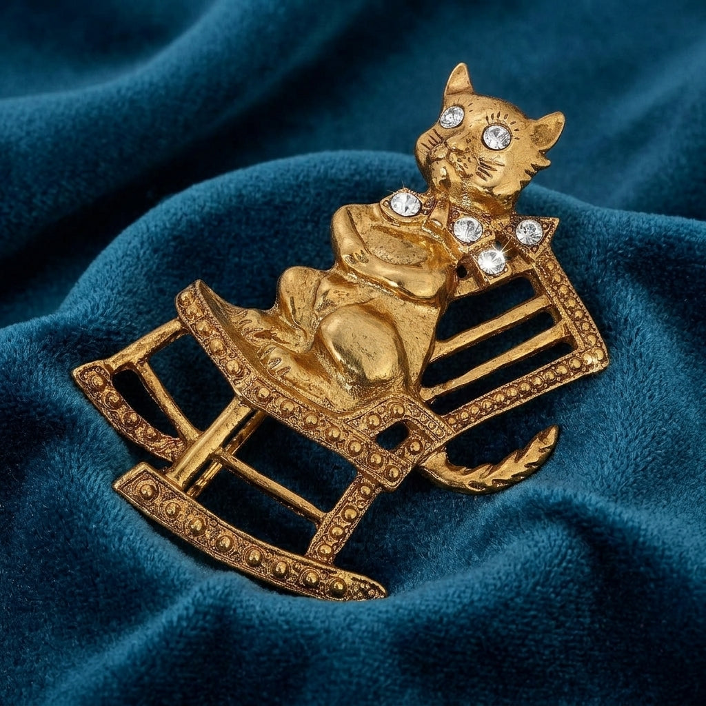 Gold brooch with a cat on a rocking chair design on a blue fabric background