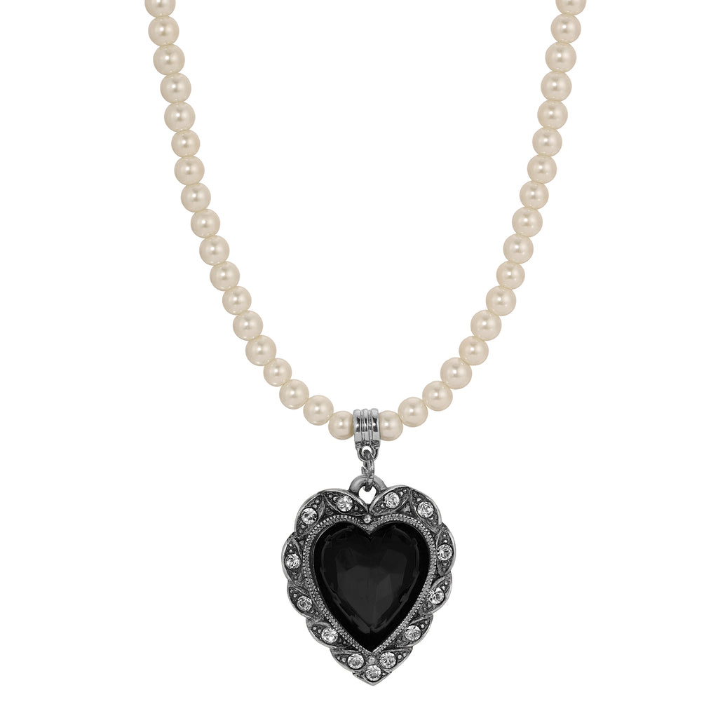 1928 Jewelry Antique Romance Faux Pearl Strand Heart Crystal Pendant Necklace 15" + 3" Extension