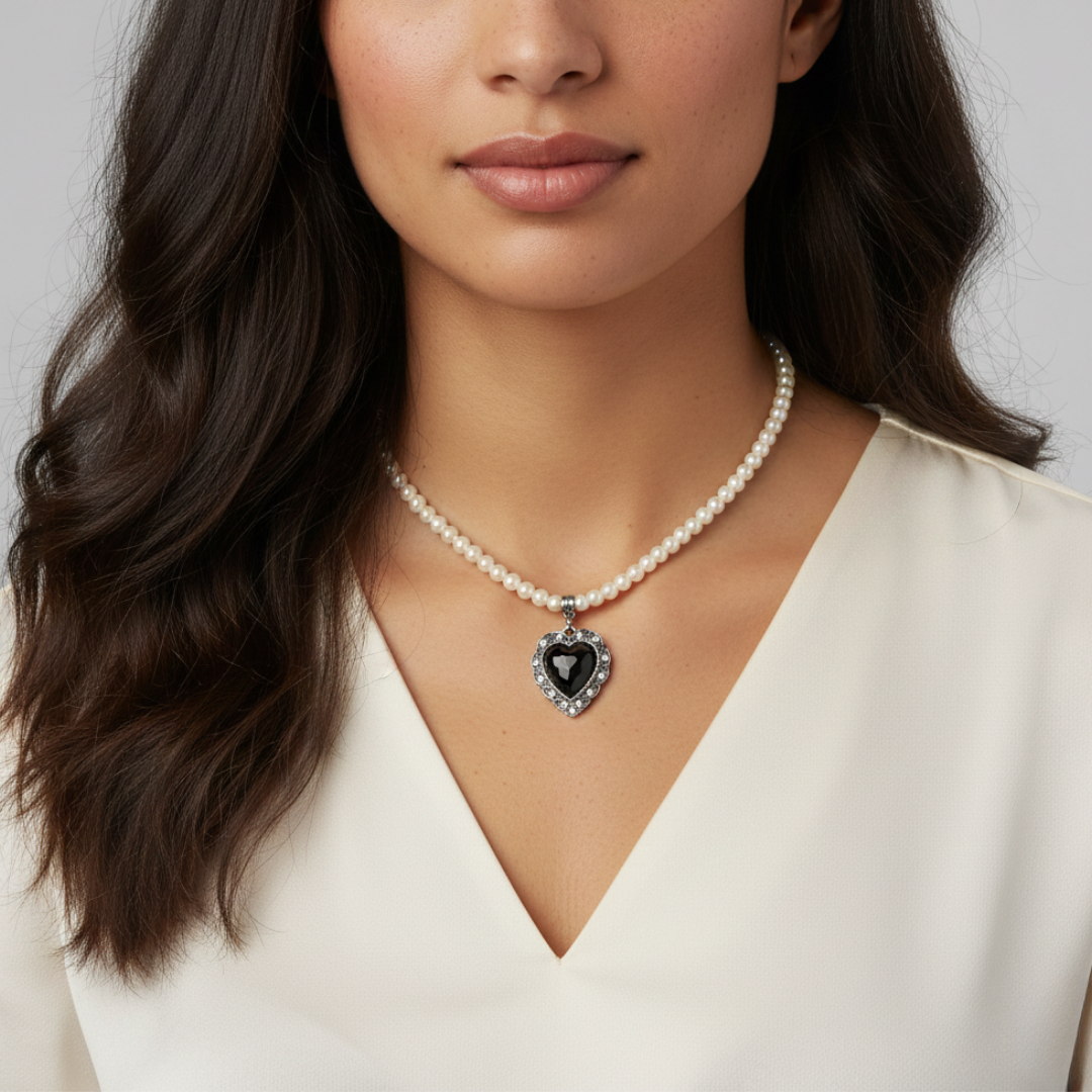 Woman wearing a faux pearl necklace with a heart-shaped pendant against a neutral background