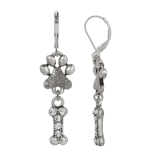 Paw & Clear Crystal Bone Dangling Earrings
