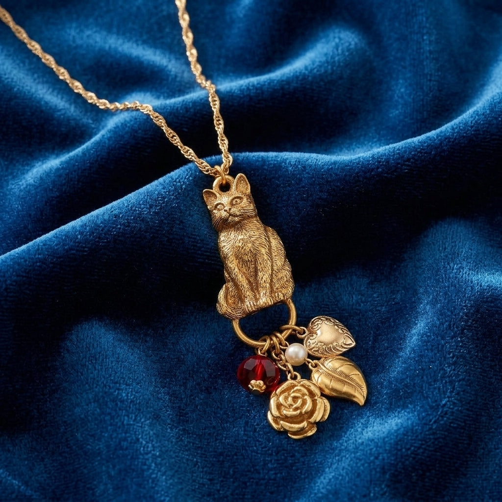Gold tone cat pendant necklace with several charms on a blue fabric background