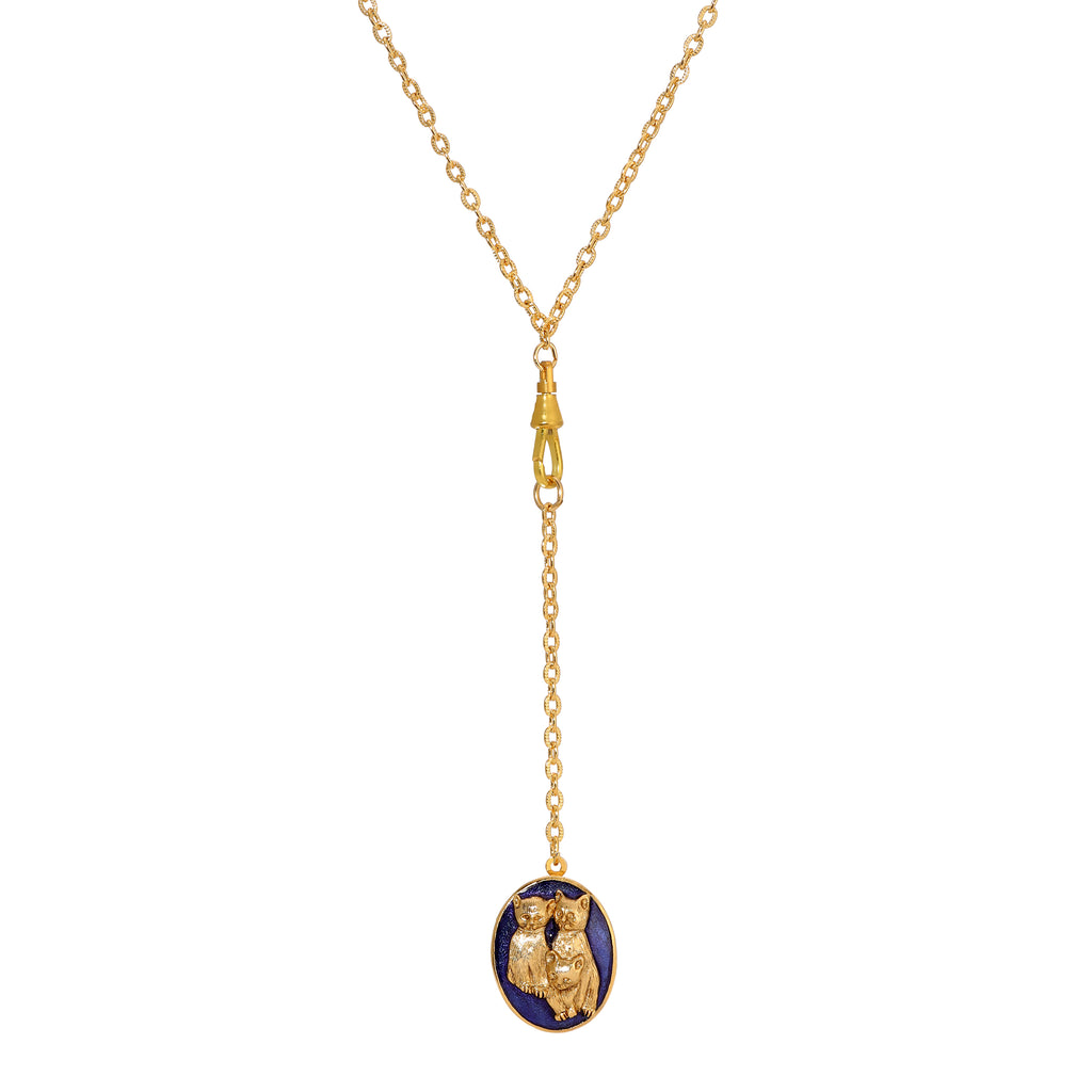 1928 Jewelry Three Little Kittens Sapphire Blue Enamel Pendant Locket Y-Necklace 26"