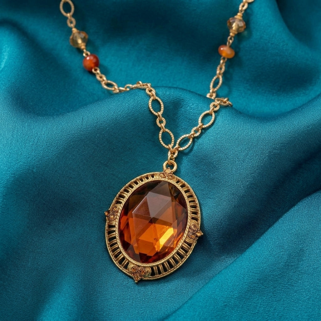 Golden Autumn Topaz Crystal Radiance Pendant Necklace on a blue fabric background