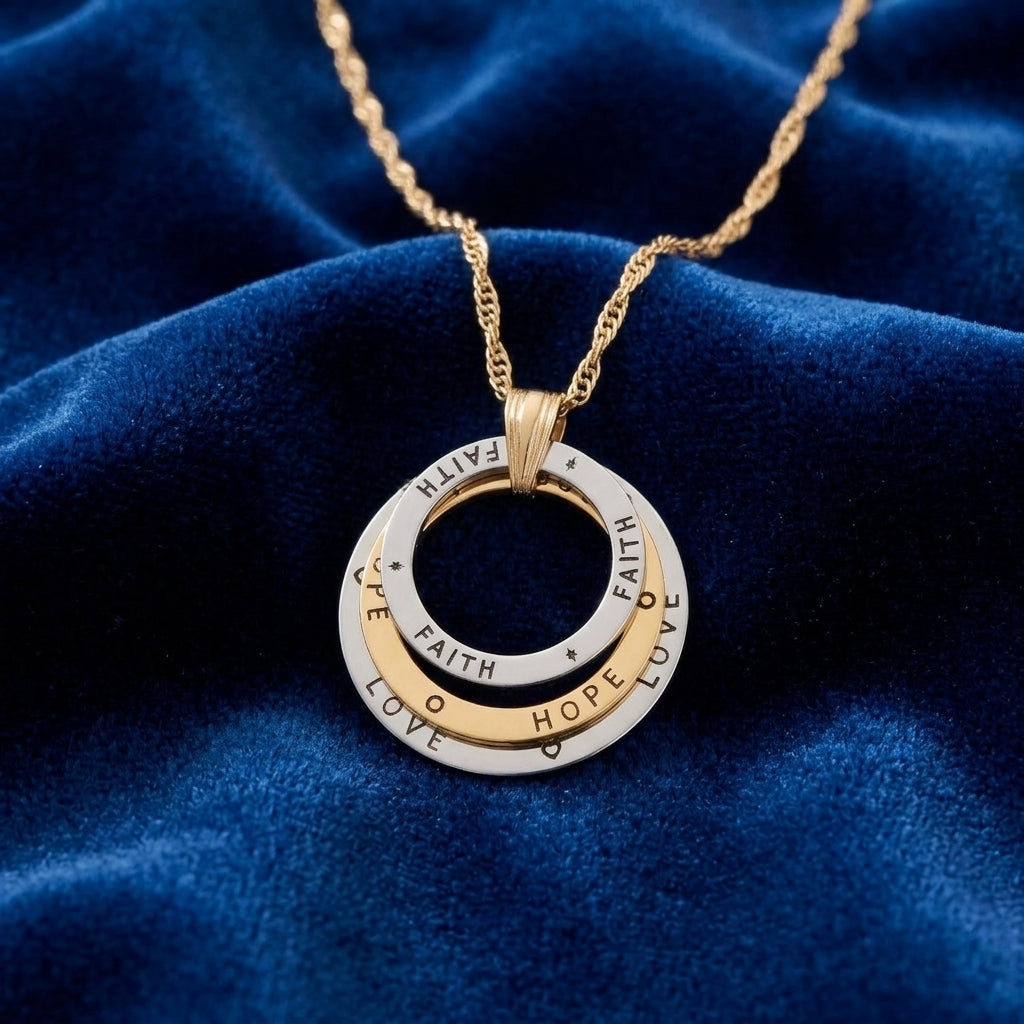 Faith, Hope, Love Trinity Rings Pendant Necklace on a blue fabric background