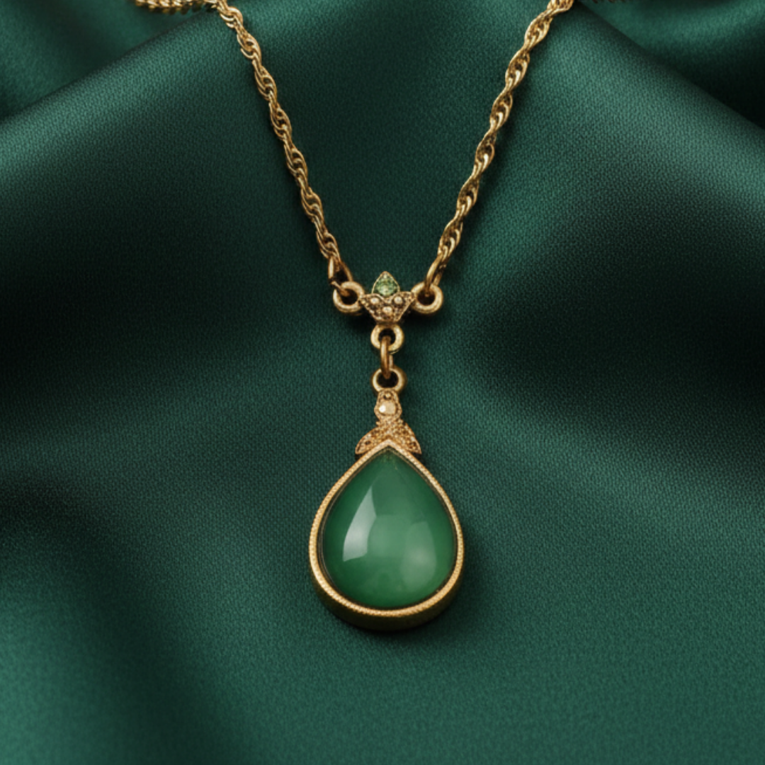 Gold necklace with a green teardrop pendant on a green satin background