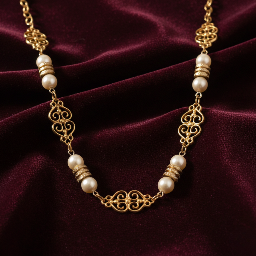 Gold necklace with faux pearl beads on a purple velvet background