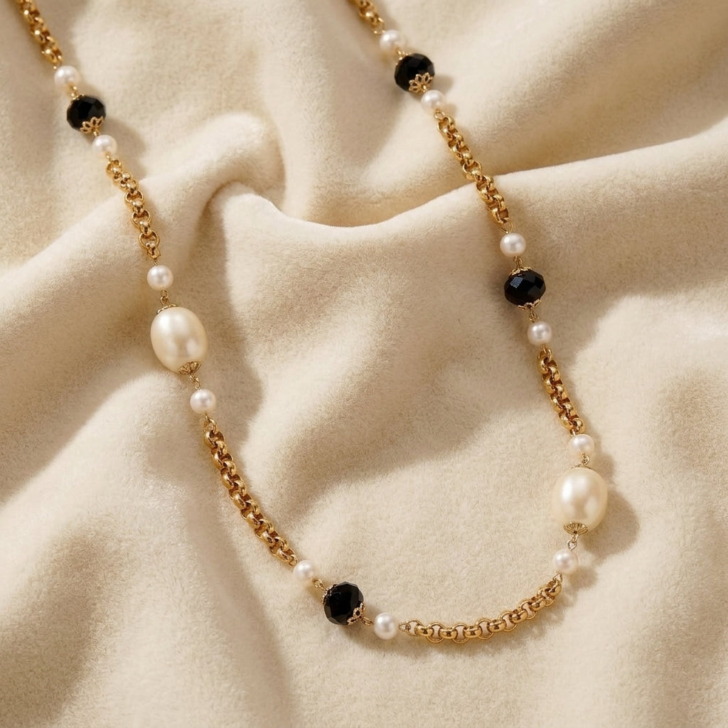 Montana Blue Crystal & Faux Pearl Gold Link Necklace on a beige fabric background