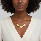 Woman wearing a gold necklace with heart-shaped pendants against a neutral background