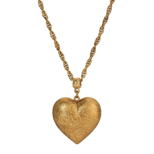 1928 Jewelry Gold Etched Floral Heart Pendant Necklace 16