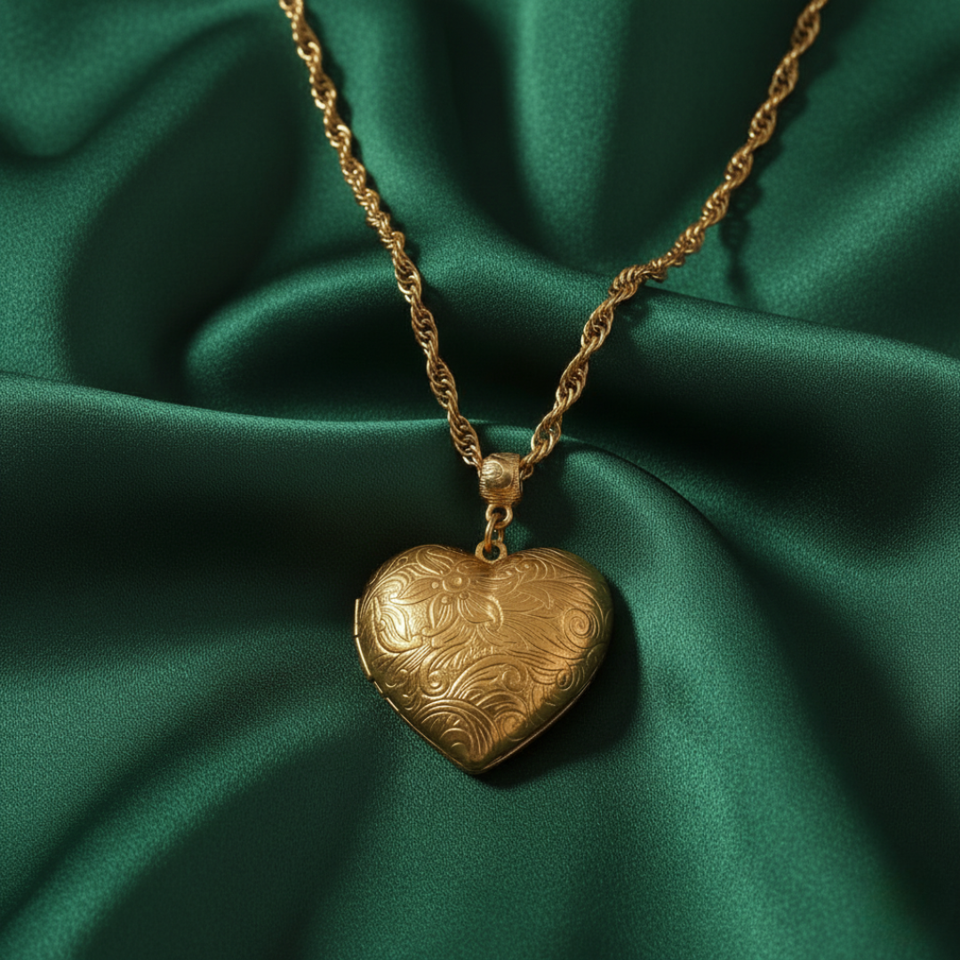 Gold heart-shaped locket on a green fabric background