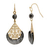 1928 Jewelry Filigree & Hematite Half Moon Teardrop Dangling Earrings