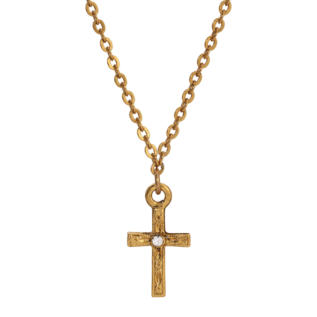 1928 Jewelry Round Crystal Gold Spiritual Cross Pendant Necklace 15" + 3" Extender
