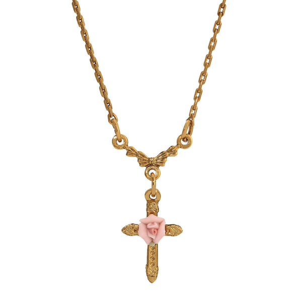 1928 Jewelry Pink Porcelain Rose Cross Pendant Necklace 16
