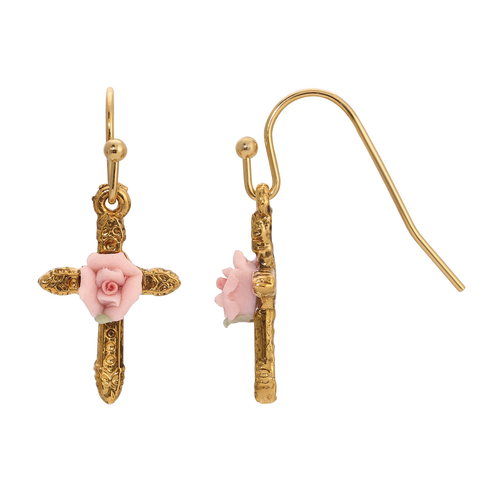 1928 Jewelry Cross & Pink Porcelain Rose Drop Earrings