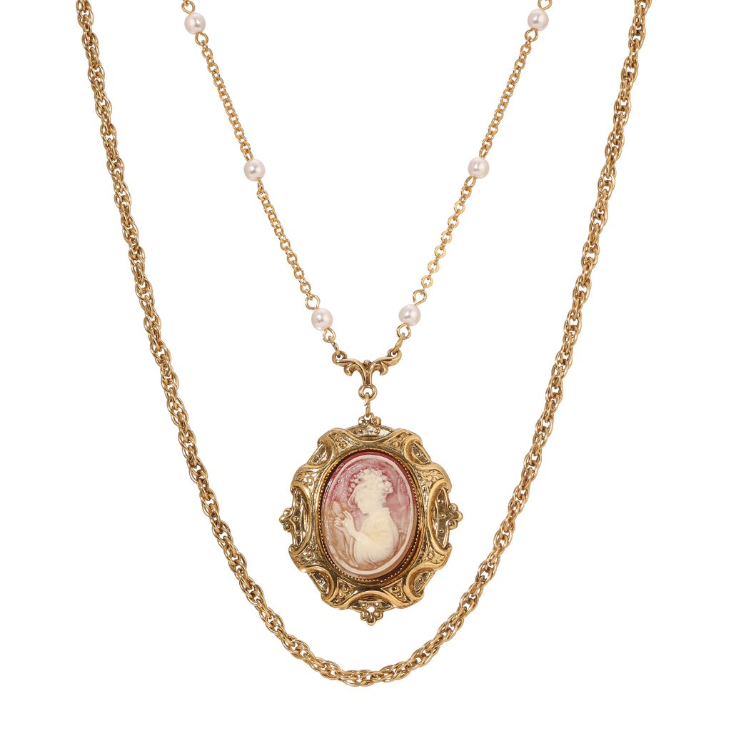 1928 Jewelry Victorian Reflections Carnelian & Ivory Cameo Pendant & Link Chain Necklace 24"