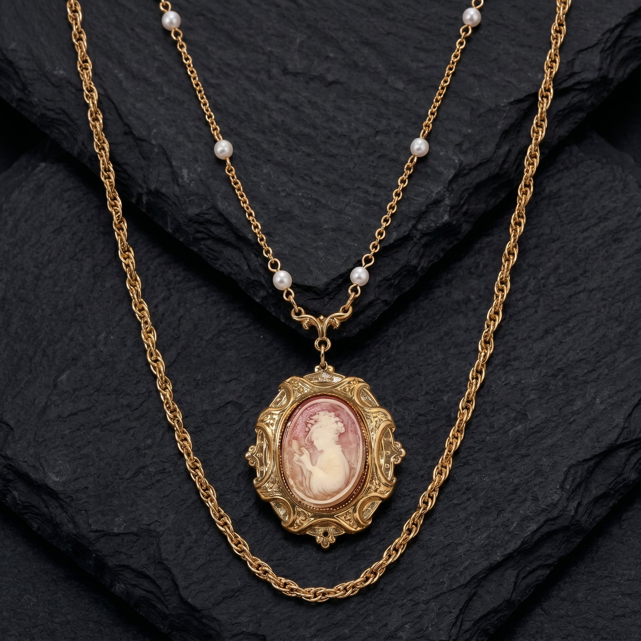 Gold necklace with a cameo pendant on a dark stone surface