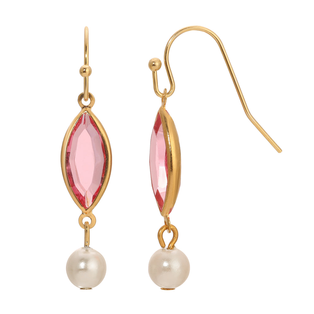 1928 Jewelry Navette Rose Pink Austrian Crystal & Faux Pearl Dangling Earrings