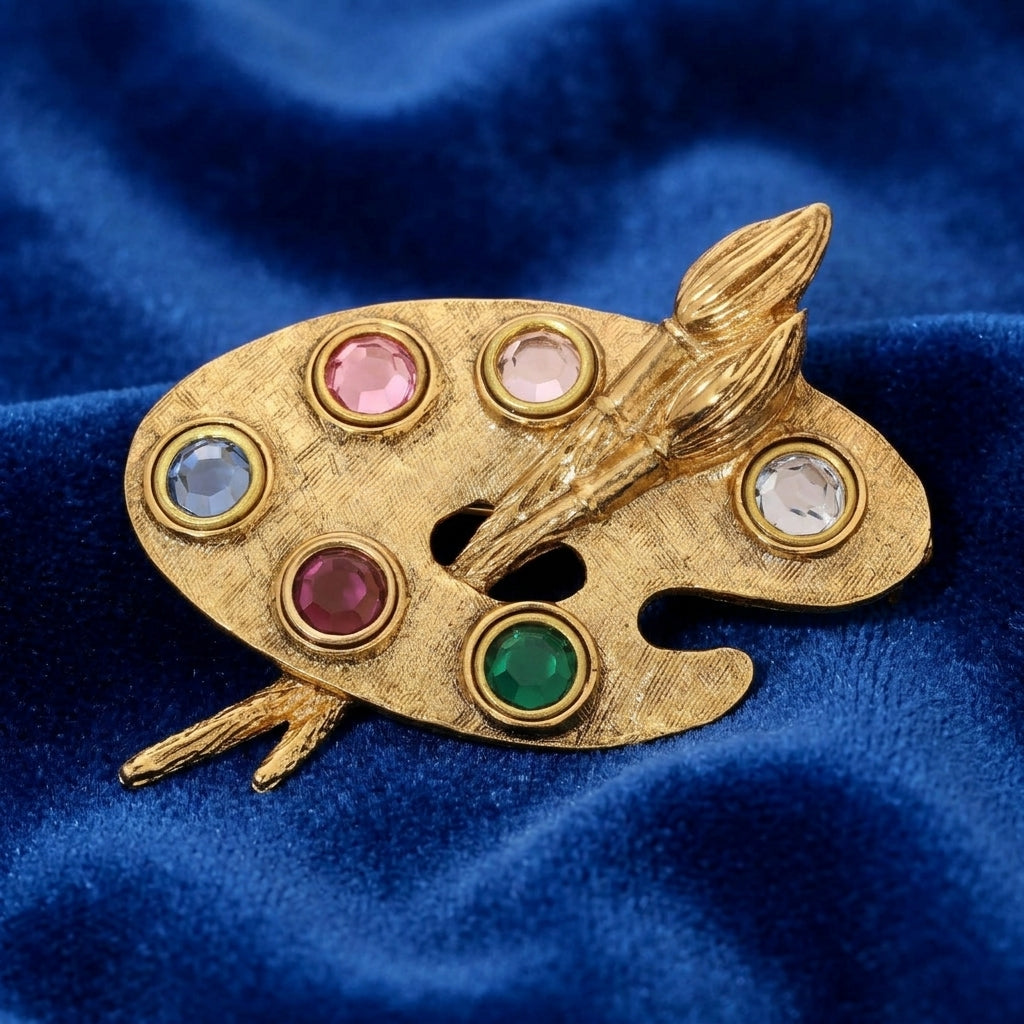 Da Vinci's Brush & Paint Palette Brooch on a blue fabric background