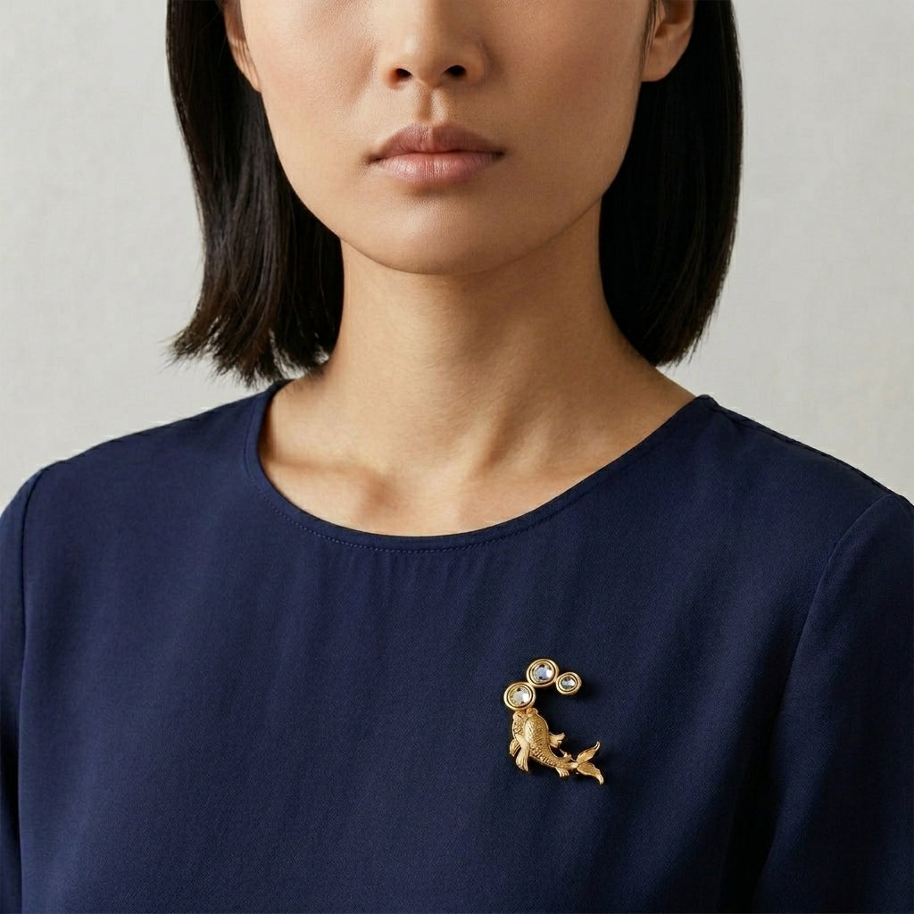 Woman wearing a navy blue top with a gold brooch featuring light sapphire blue crystals and a fish design.