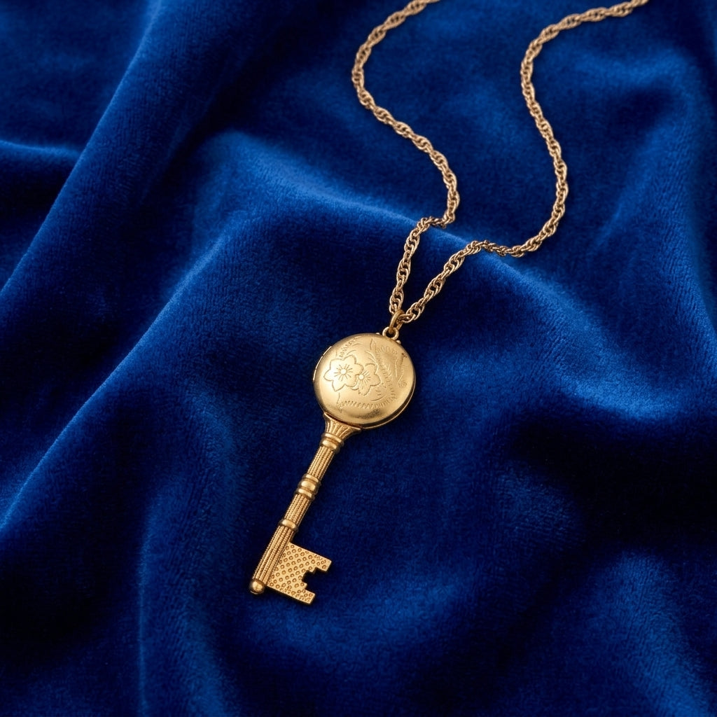 Gold tone Skeleton Key Flower Pendant Photo Locket Necklace resting on blue fabric 