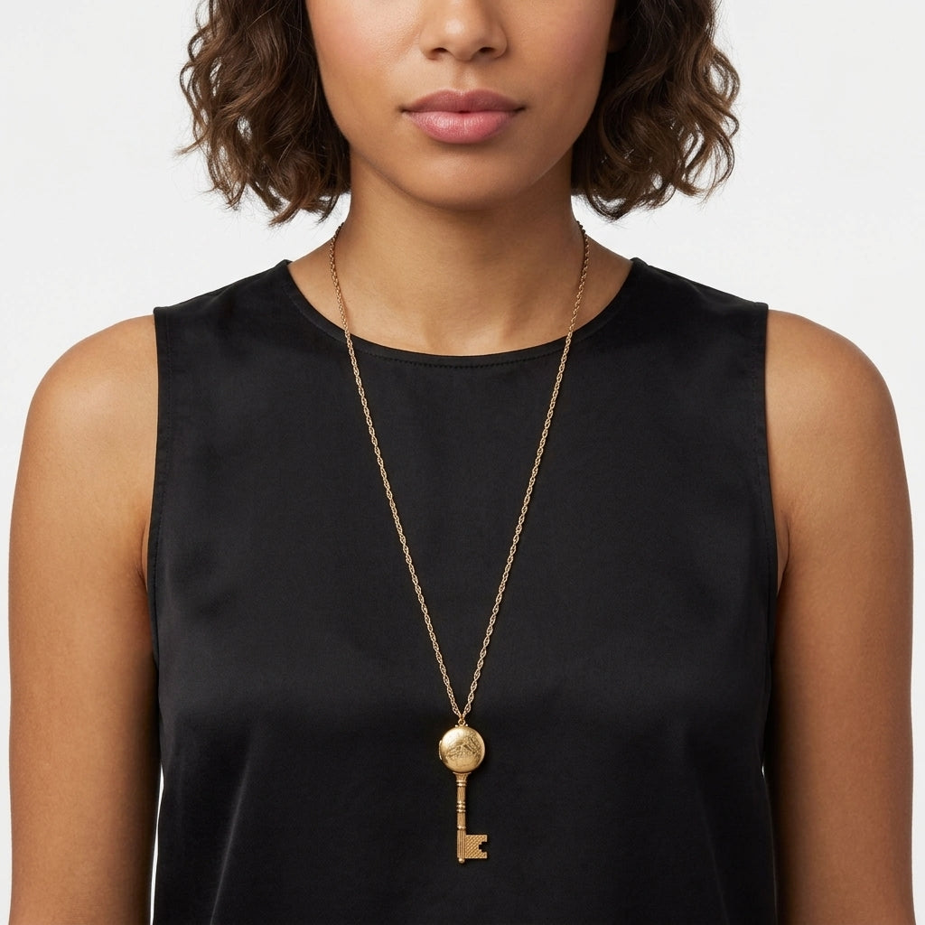 Woman in a black sleeveless top wearing a gold tone Skeleton Key Flower Pendant Photo Locket Necklace 