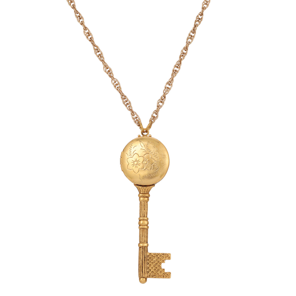 Gold 1928 Jewelry Skeleton Key Flower Pendant Photo Locket Necklace 28"