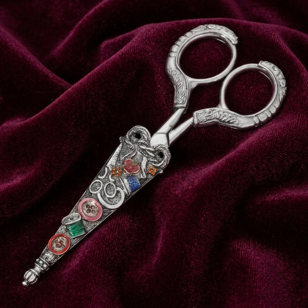 Pewter Seamstress Essentials Scissors resting on burgundy colored fabric